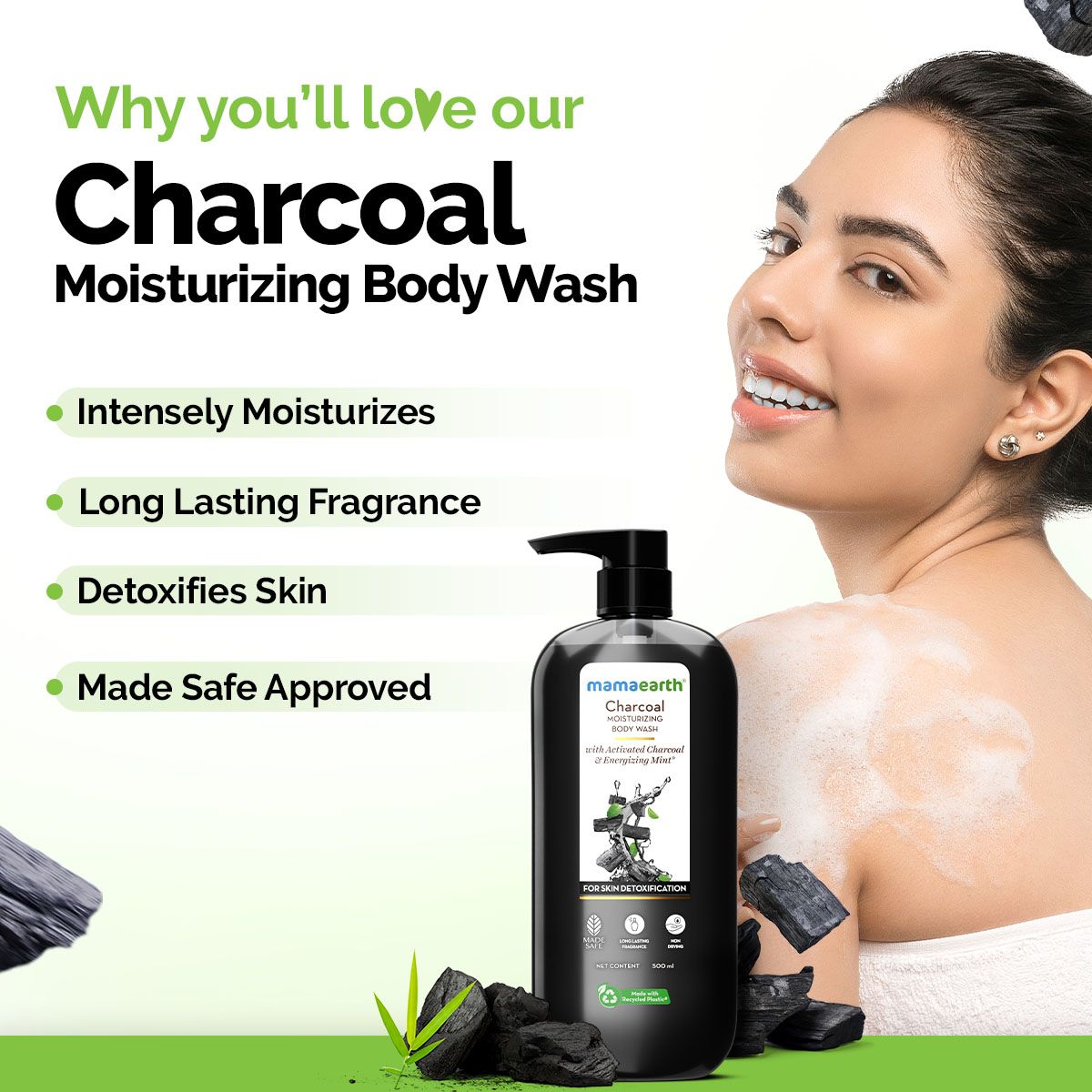Charcoal Moisturizing Body Wash with Activated Charcoal & Energizing Mint for Skin Detoxification - 500 ml
