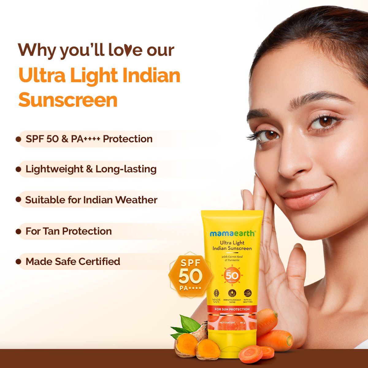 Ultra Light Indian Sunscreen SPF 50 benefits with model