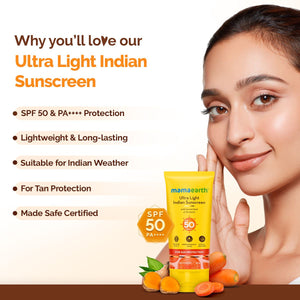 Ultra Light Indian Sunscreen SPF 50 benefits with model