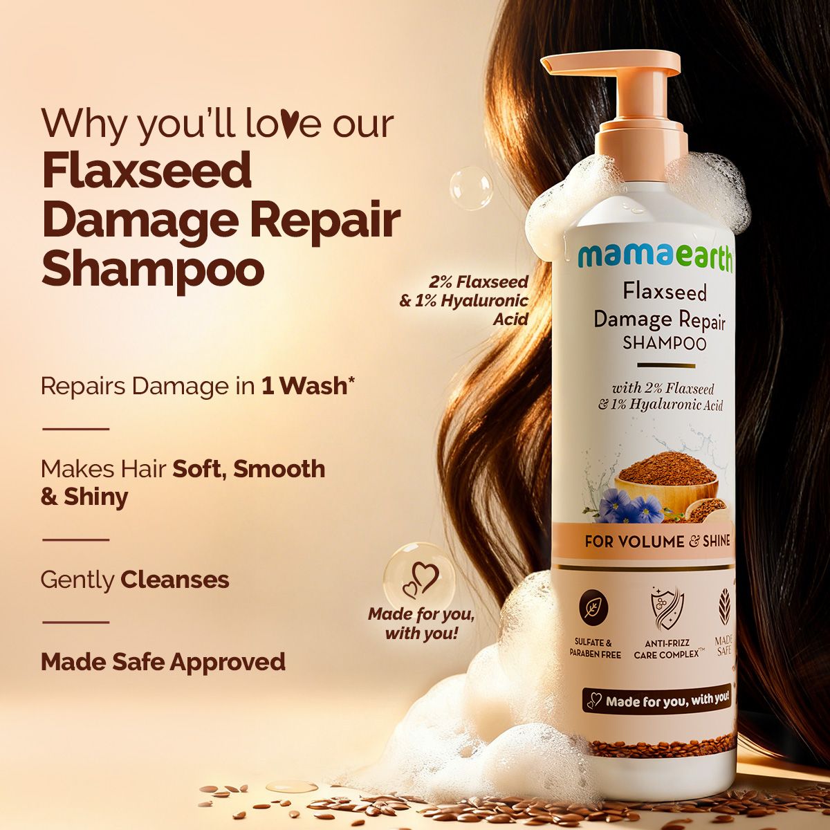 Mamaearth flaxseed damage repair shampoo benefits for smooth hair