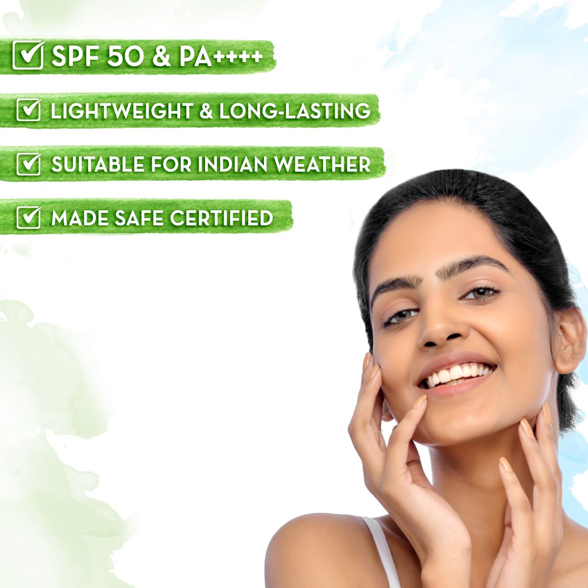 Ultra Light Indian Sunscreen SPF 50 PA++++ benefits with model