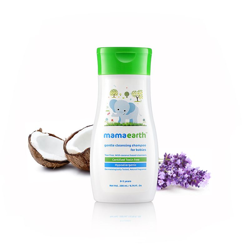 mamaearth organic baby shampoo bottle with coconut and lavender ingredients