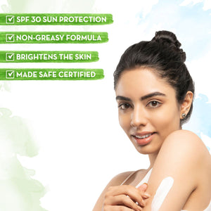 Ubtan Sunscreen Body Lotion SPF 30 brightens skin with model