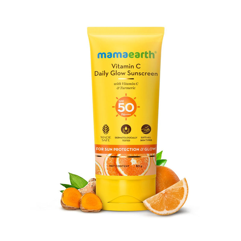 Mamaearth Vitamin C Daily Glow Sunscreen SPF 50 PA++++ – In-Vivo Tested (ISO 24444:2019 Certified, CTRI/2025/05/087276) - 80 g