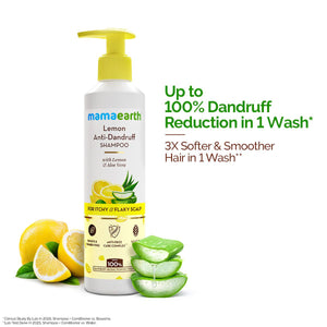 Mamaearth lemon anti dandruff shampoo bottle with lemon and aloe vera ingredients