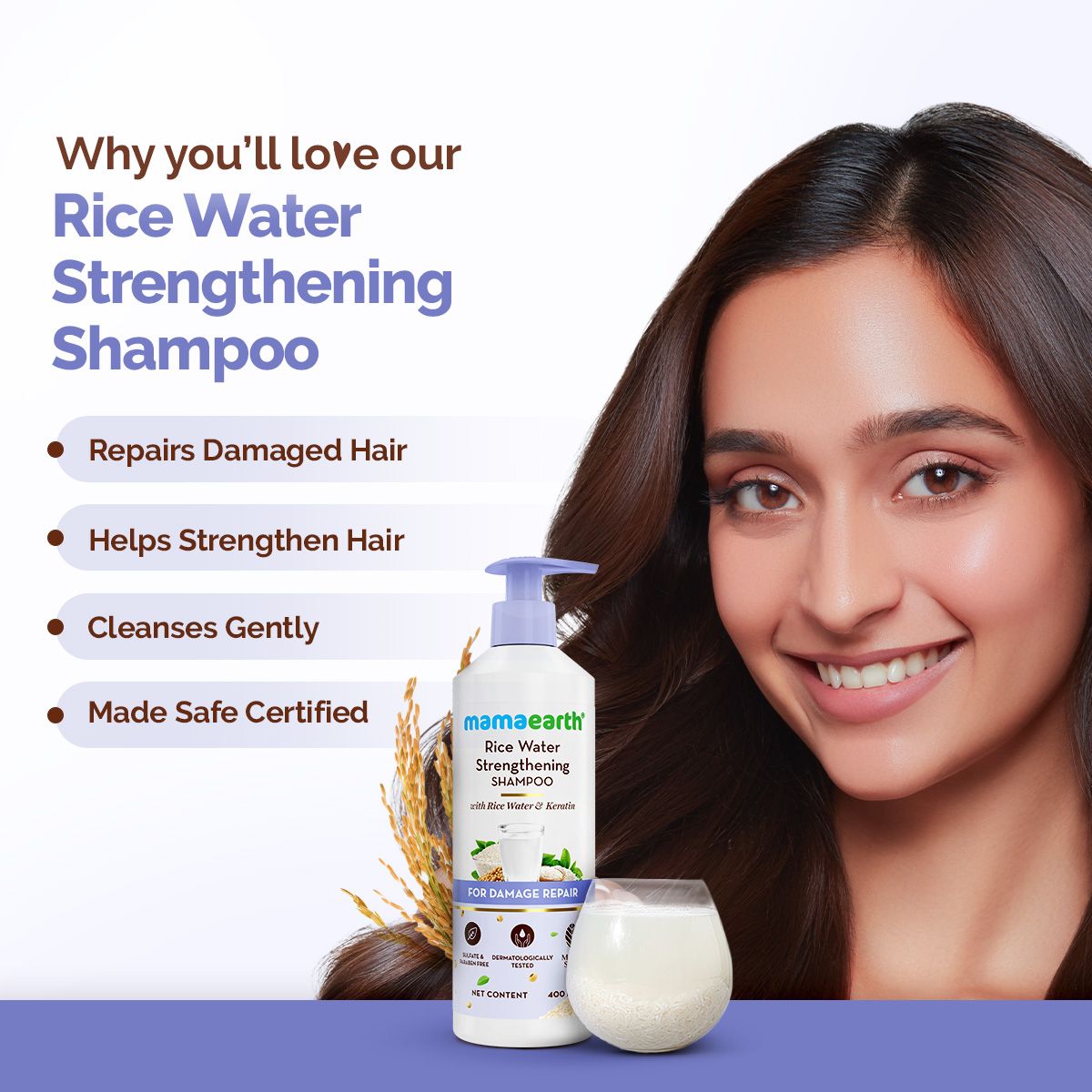 Rice Water Strengthening Shampoo with with Rice Water & Keratin for Damage Repair- 400 ml