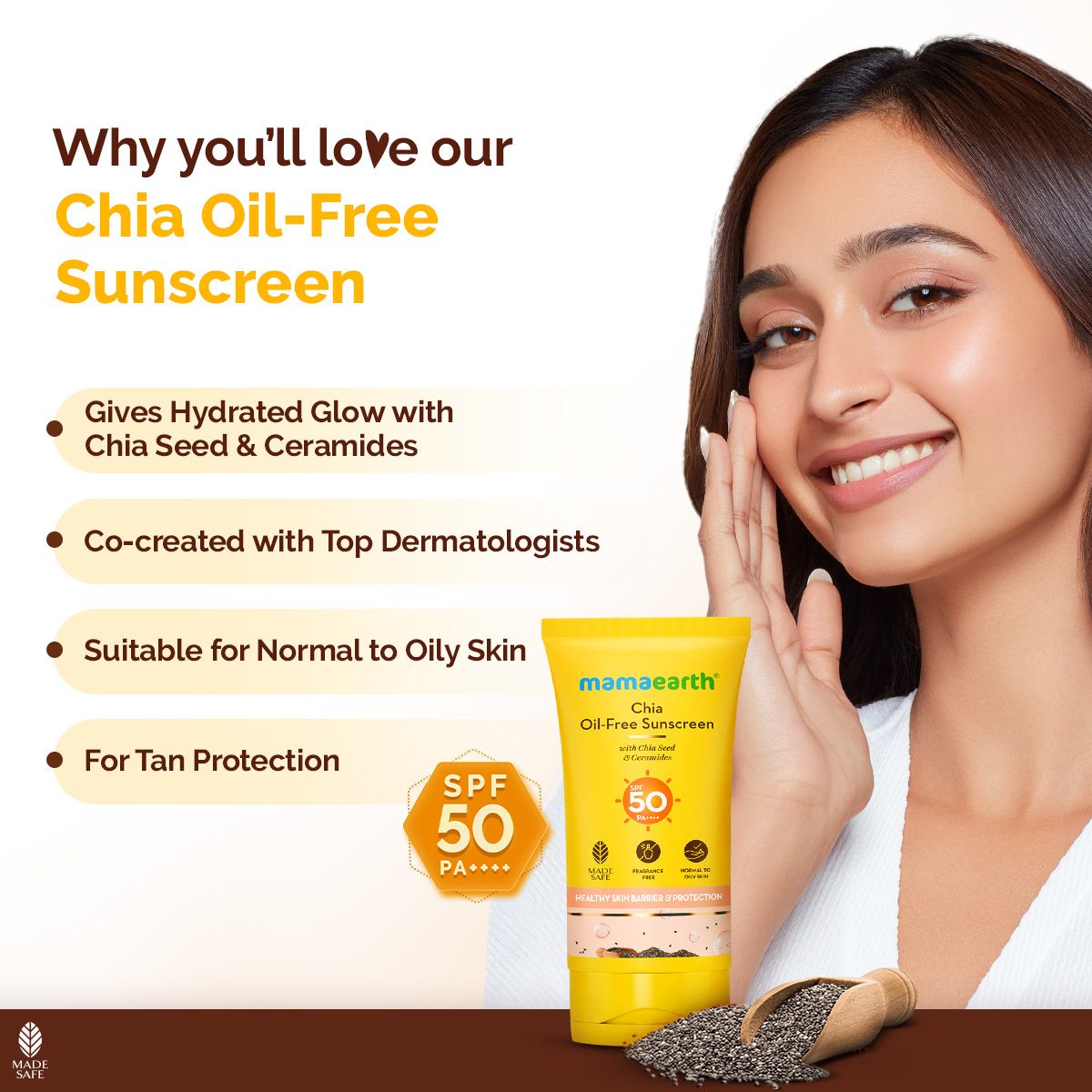 Mamaearth Chia Oil-Free Sunscreen SPF 50 PA++++ – In-Vivo Tested (ISO 24444:2019 Certified, CTRI/2025/05/086630) - 50g