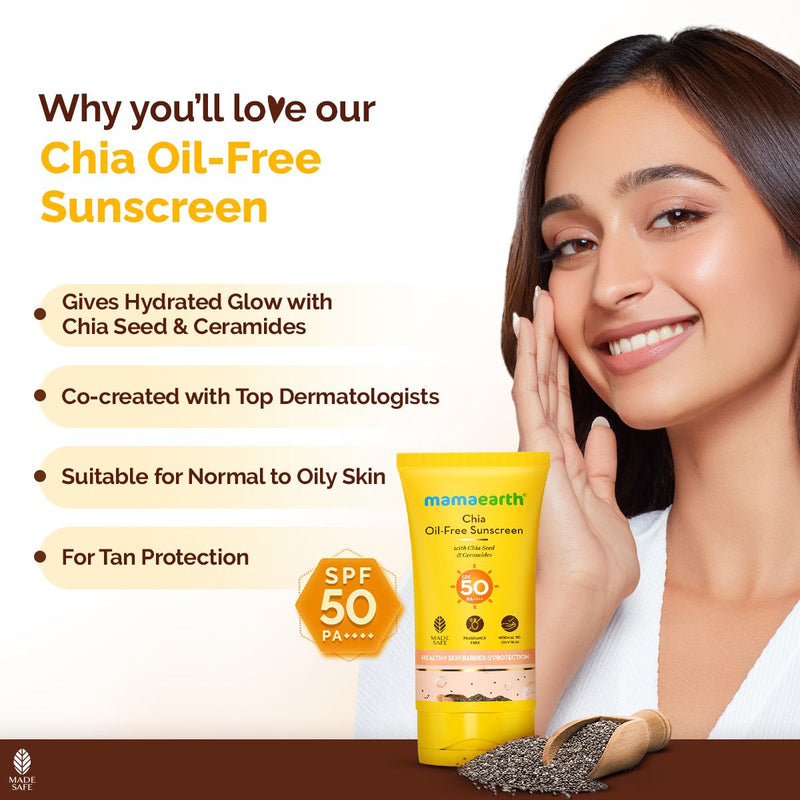 Mamaearth Chia Oil-Free Sunscreen SPF 50 PA++++ – In-Vivo Tested (ISO 24444:2019 Certified, CTRI/2025/05/086630) - 50g