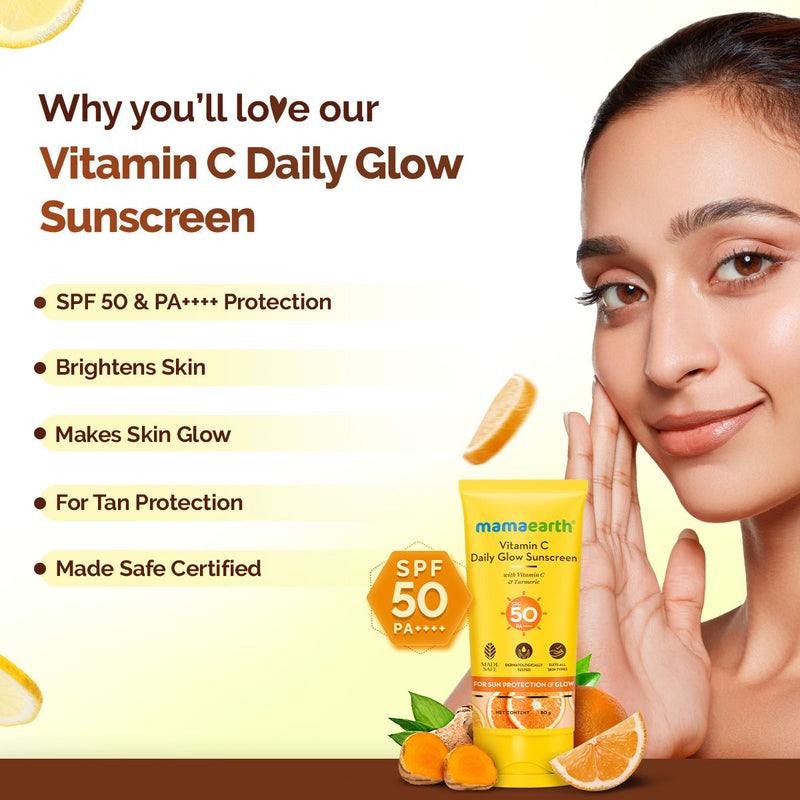 Mamaearth Vitamin C Daily Glow Sunscreen SPF 50 PA++++ – In-Vivo Tested (ISO 24444:2019 Certified, CTRI/2025/05/087276) - 80 g