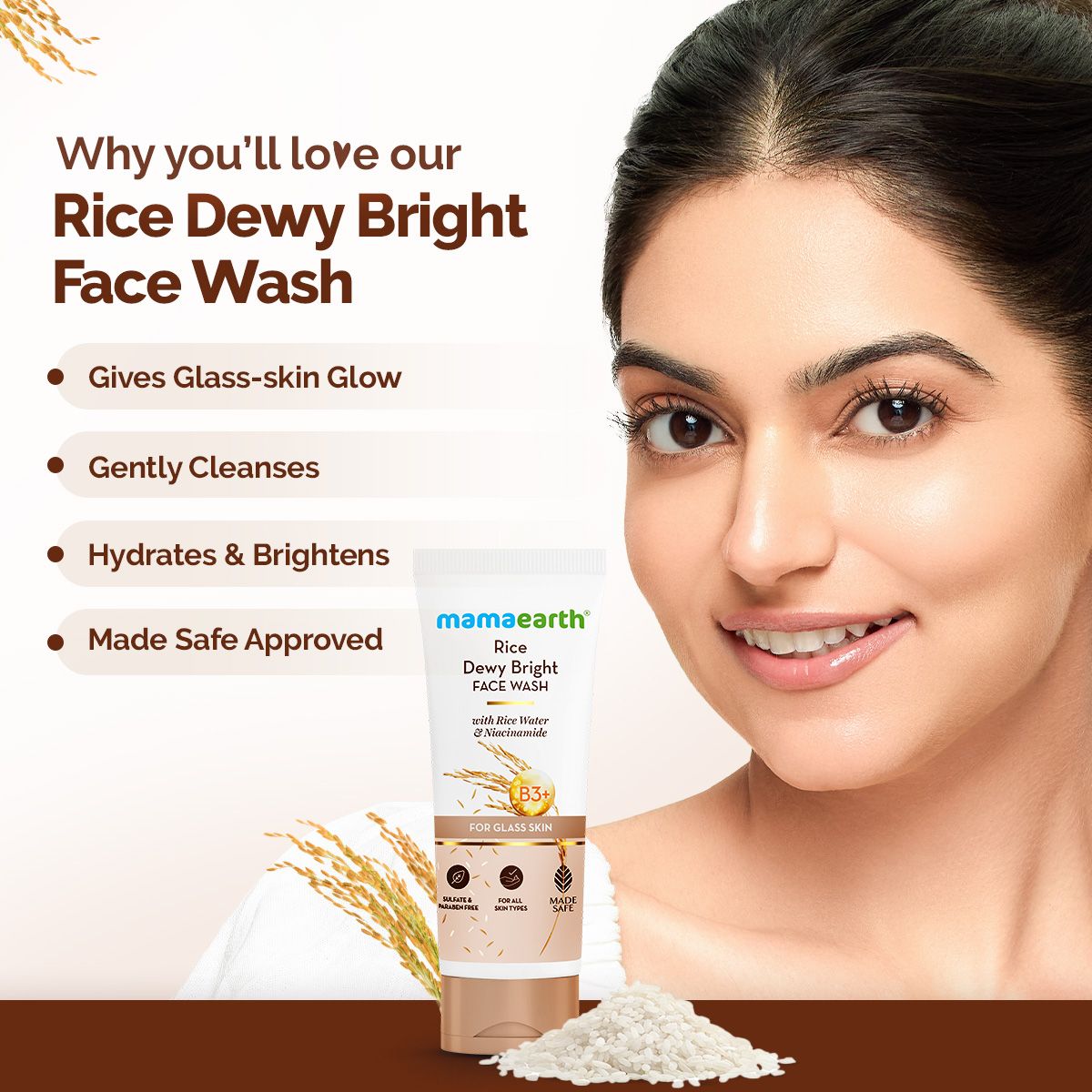 Rice bright face wash benefits with model

