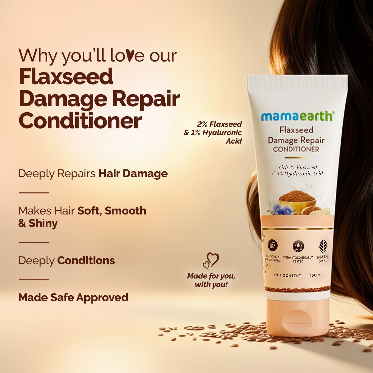 Flaxseed Damage Repair Conditioner with 2% Flaxseed & 1 % Hyaluronic Acid for for Softness & Shine -180 ml