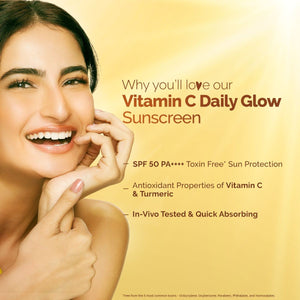 Vitamin C Daily Glow Sunscreen benefits with model