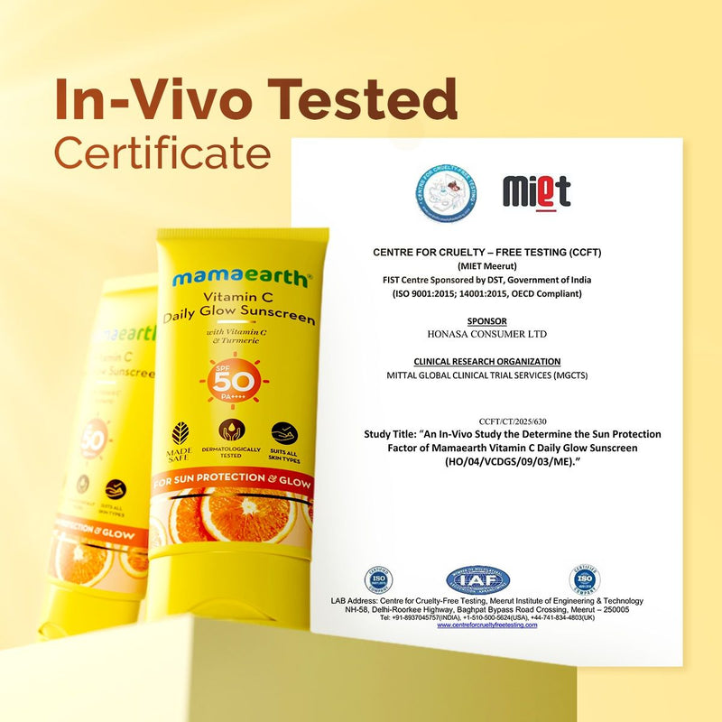 Mamaearth Vitamin C Daily Glow Sunscreen SPF 50 PA++++ – In-Vivo Tested (ISO 24444:2019 Certified, CTRI/2025/05/087276) - 50g