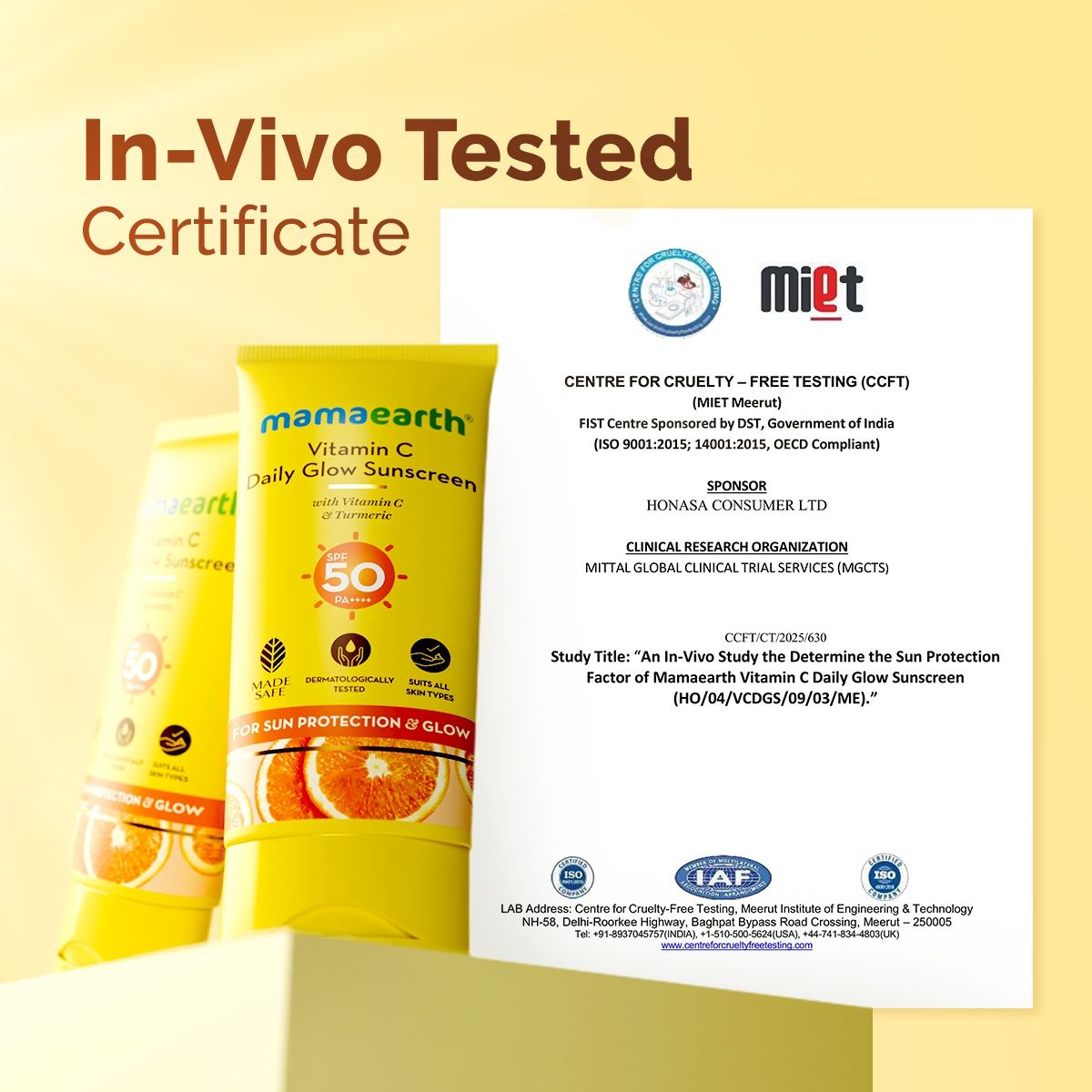 Mamaearth Vitamin C Daily Glow Sunscreen SPF 50 PA++++ – In-Vivo Tested (ISO 24444:2019 Certified, CTRI/2025/05/087276) - 50 g - Pack of 2