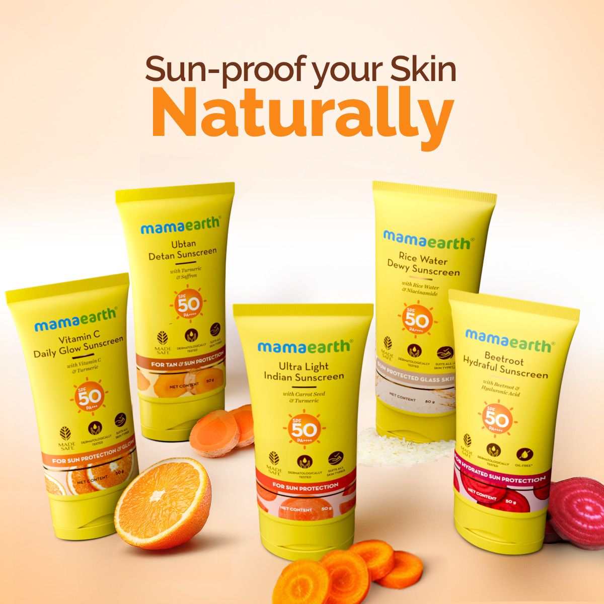 Mamaearth Ultra-Light Indian Sunscreen SPF 50 PA++++ – In-Vivo Tested (ISO 24444 & ISO 24442 Certified, CTRI/2025/07/090388) - 50 g