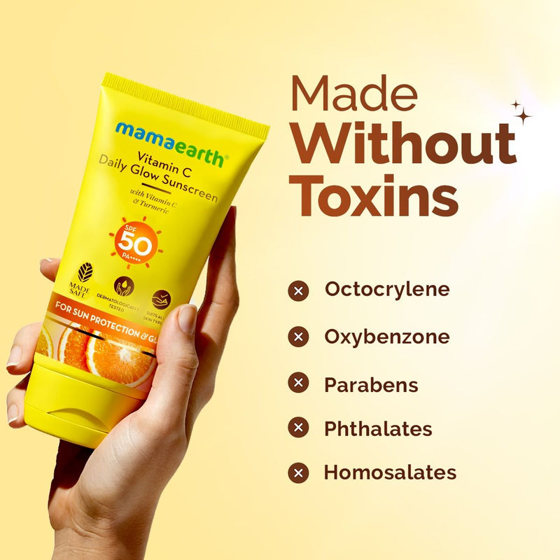 Mamaearth Vitamin C Daily Glow Sunscreen SPF 50 PA++++ – In-Vivo Tested (ISO 24444:2019 Certified, CTRI/2025/05/087276) - 50g