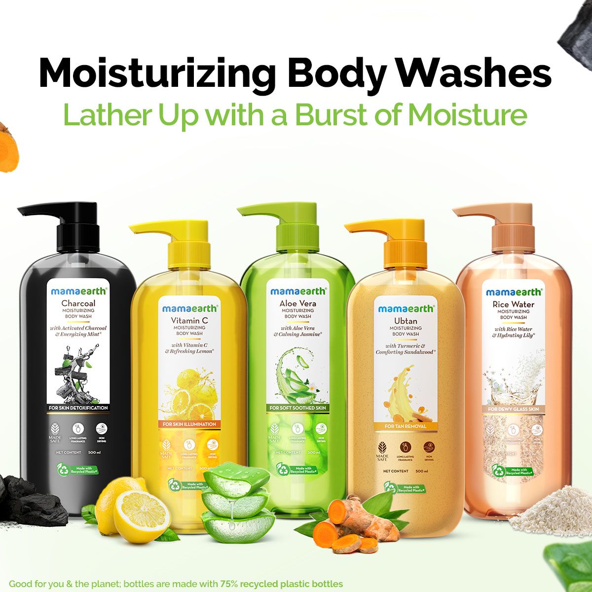Charcoal Moisturizing Body Wash with Activated Charcoal & Energizing Mint for Skin Detoxification - 500 ml