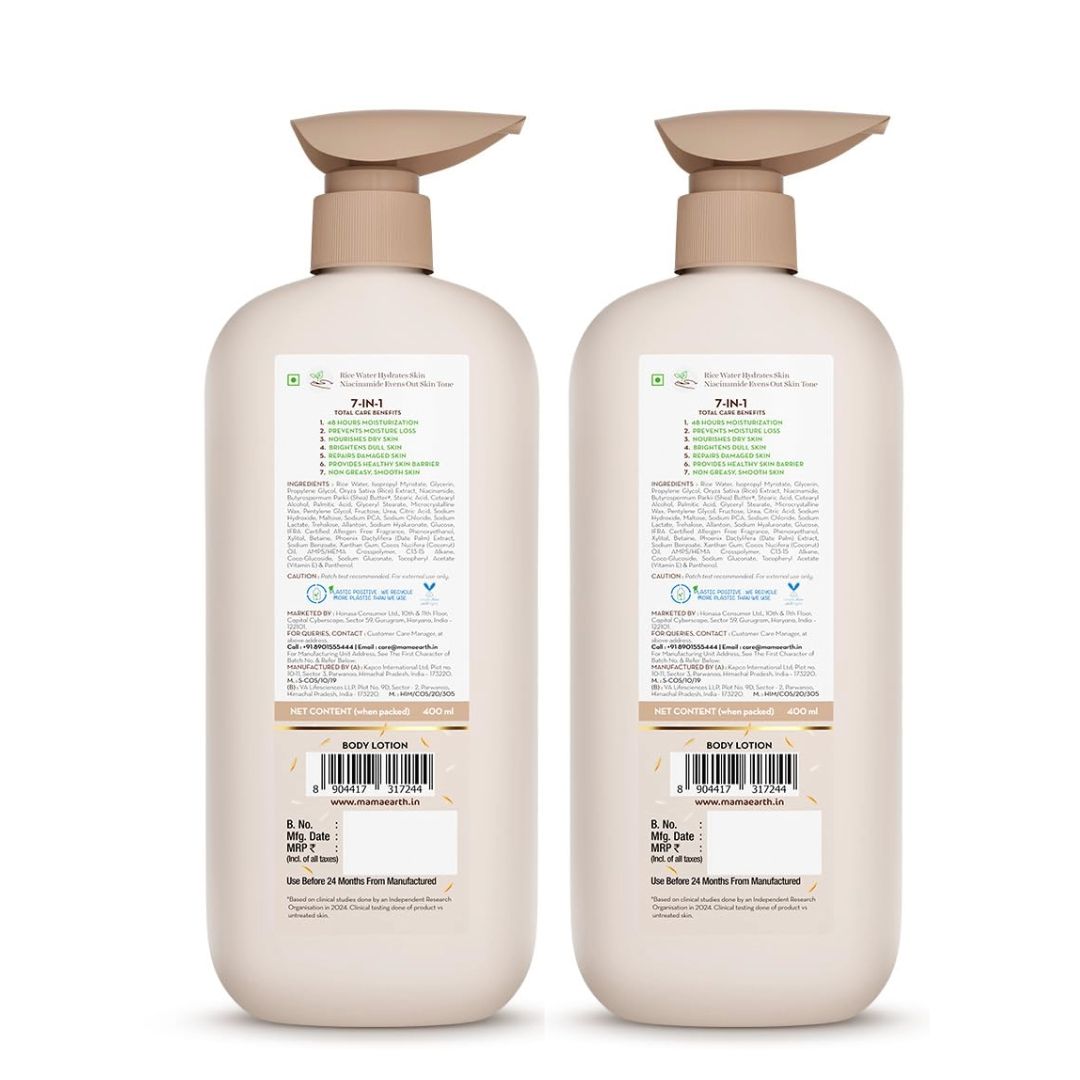 Mamaearth Rice Water Hydrating Body Lotion with Rice Water & Niacinamide for Dewy Glass Skin - 400 ml (Pack of 2)