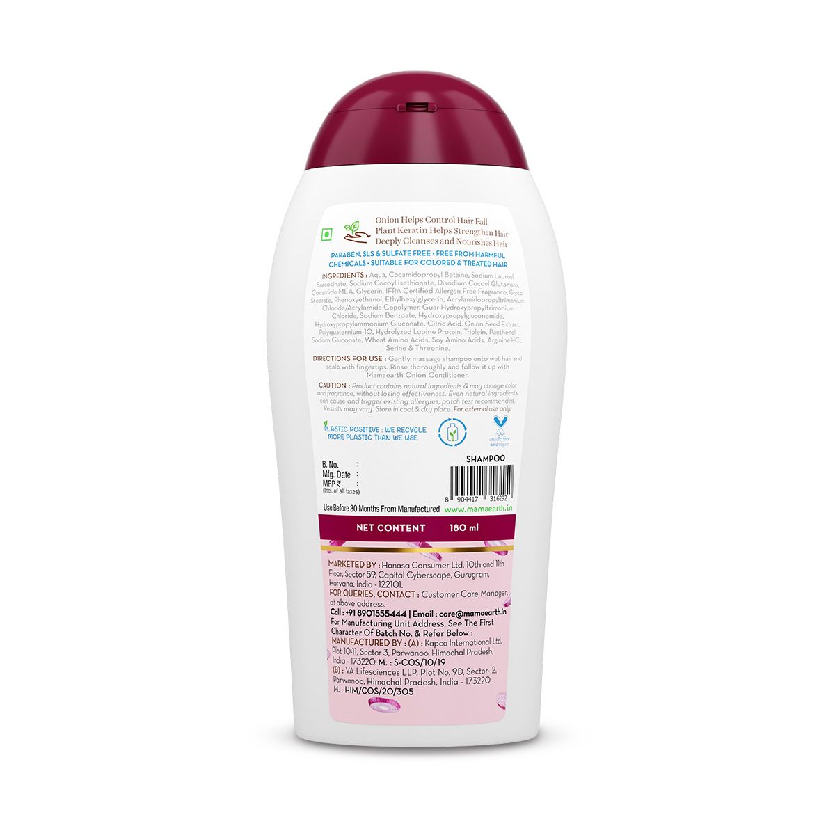 Mamaearth Onion Shampoo for Hair Fall Control & Hair Growth with Onion & Plant Keratin - 180 ml