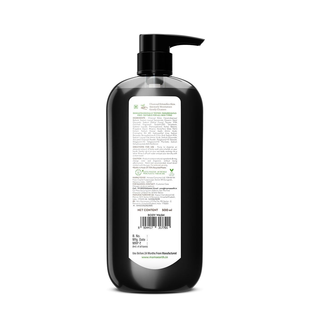Charcoal Moisturizing Body Wash with Activated Charcoal & Energizing Mint for Skin Detoxification - 500 ml