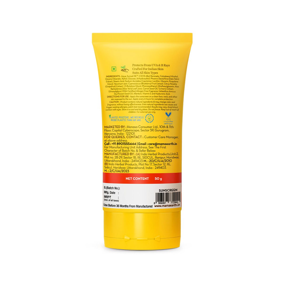 Mamaearth Ultra-Light Indian Sunscreen SPF 50 PA++++ – In-Vivo Tested (ISO 24444 & ISO 24442 Certified, CTRI/2025/07/090388) - 50 g