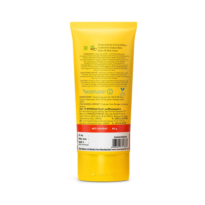 Mamaearth Ultra-Light Indian Sunscreen SPF 50 PA++++ – In-Vivo Tested (ISO 24444 & ISO 24442 Certified, CTRI/2025/07/090388) - 80g