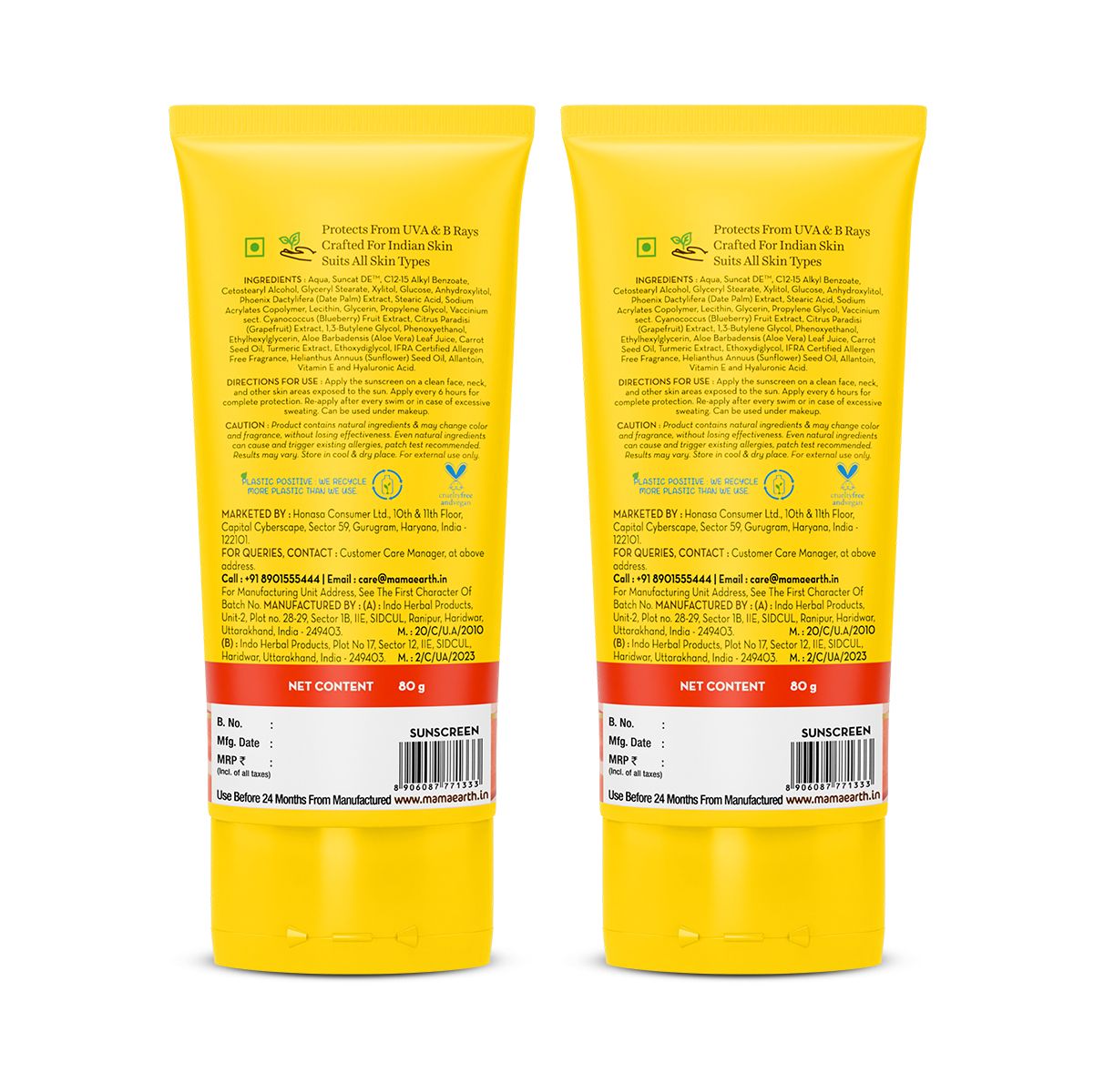 Mamaearth Ultra-Light Indian Sunscreen SPF 50 PA++++ – In-Vivo Tested (ISO 24444 & ISO 24442 Certified, CTRI/2025/07/090388) - 80g - Pack of 2