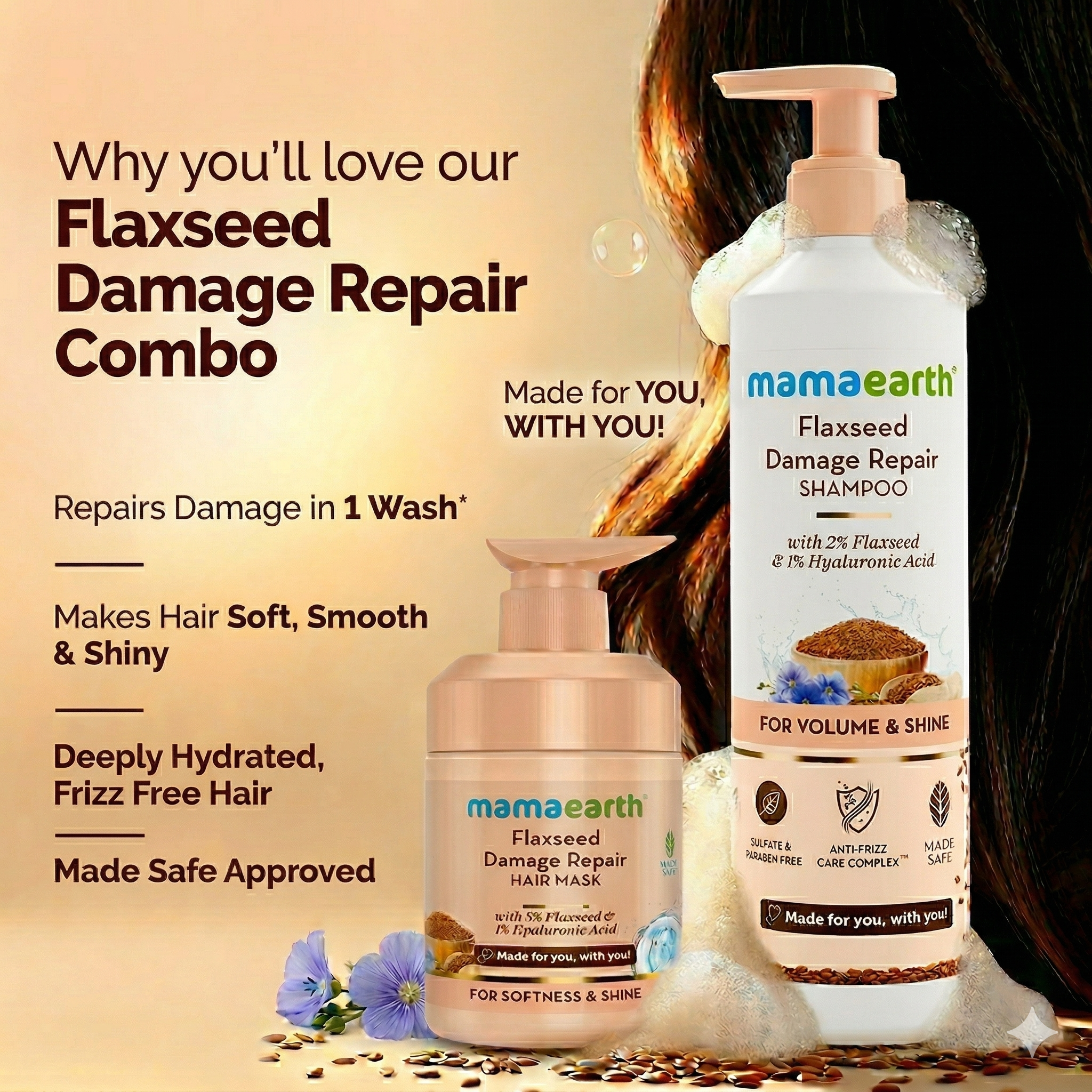 Flaxseed Damage Repair Combo : Shampoo 250 ml + Hair Mask 300 ml