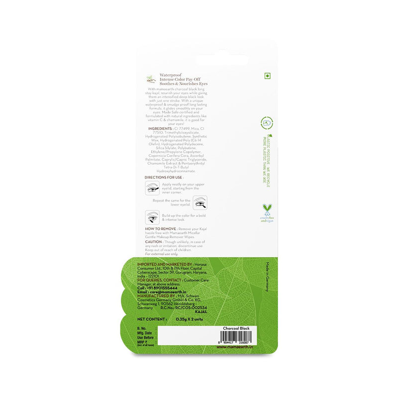 Pack of 2 Charcoal Black Long Stay Kajal with Vitamin C & Chamomile for 11-Hour Smudge-free Stay