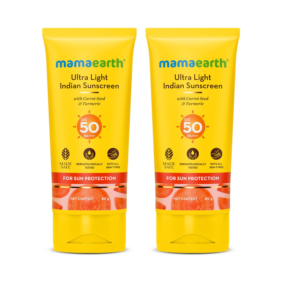 Mamaearth Ultra-Light Indian Sunscreen SPF 50 PA++++ – In-Vivo Tested (ISO 24444 & ISO 24442 Certified, CTRI/2025/07/090388) - 80g - Pack of 2