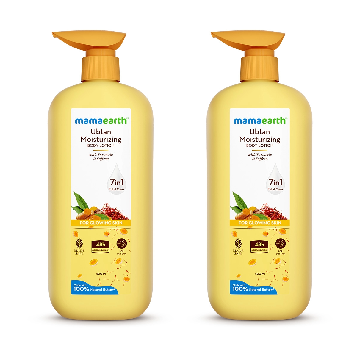 Mamaearth Ubtan Moisturizing Body Lotion with Turmeric & Saffron for Glowing Skin - 400ml (Pack of 2)