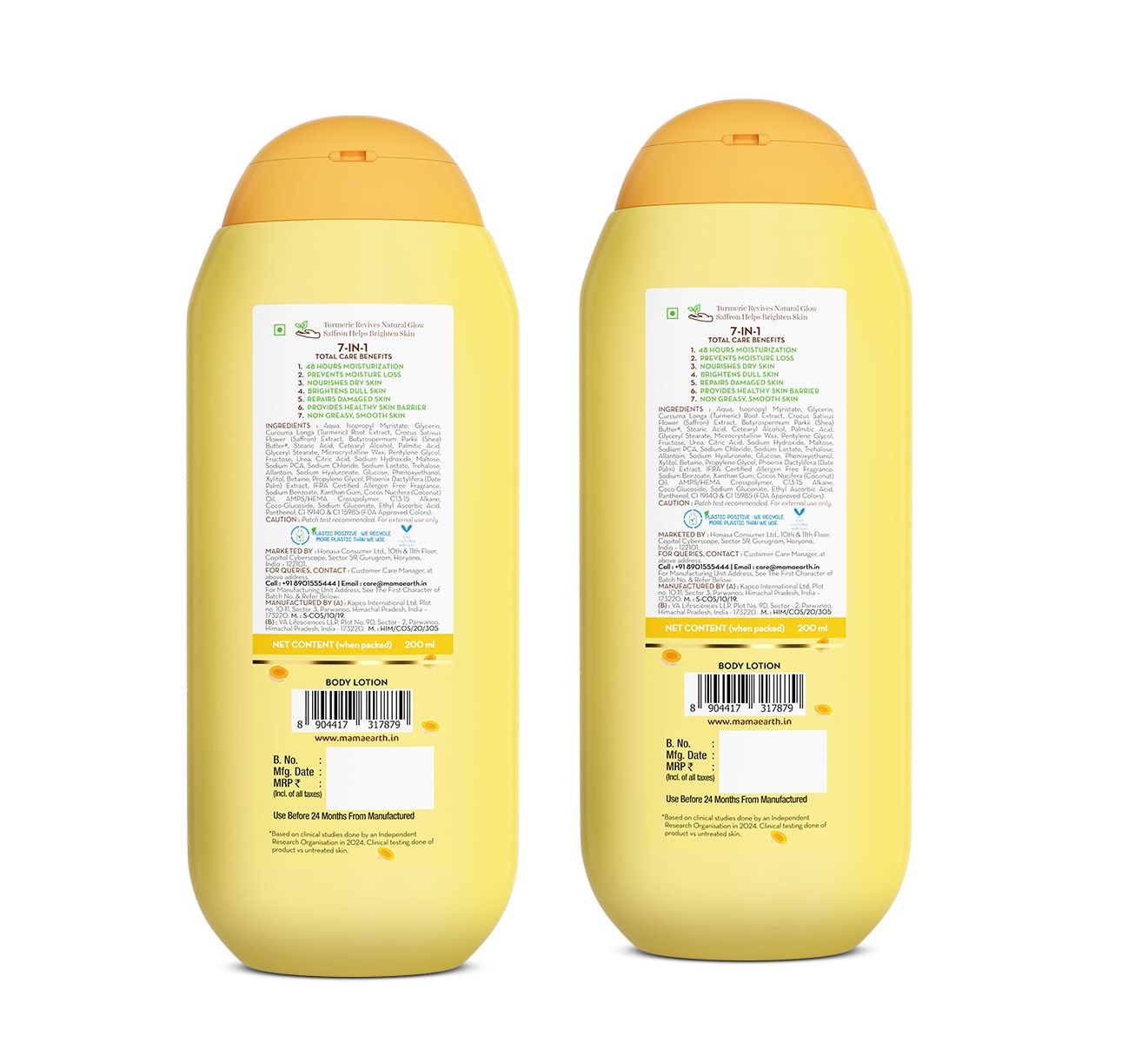 Mamaearth Ubtan Moisturizing Body Lotion with Turmeric & Saffron for Glowing Skin - 200 ml (Pack of 2)