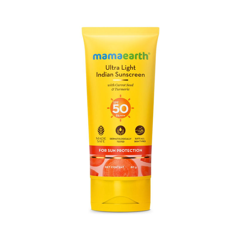 Mamaearth Ultra-Light Indian Sunscreen SPF 50 PA++++ – In-Vivo Tested (ISO 24444 & ISO 24442 Certified, CTRI/2025/07/090388) - 80g
