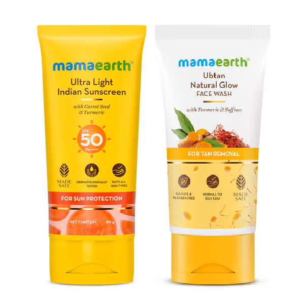 Mamaearth Ultra Light Indian Sunscreen 50g + Mamaearth Ubtan Natural Glow Face Wash 50 ml