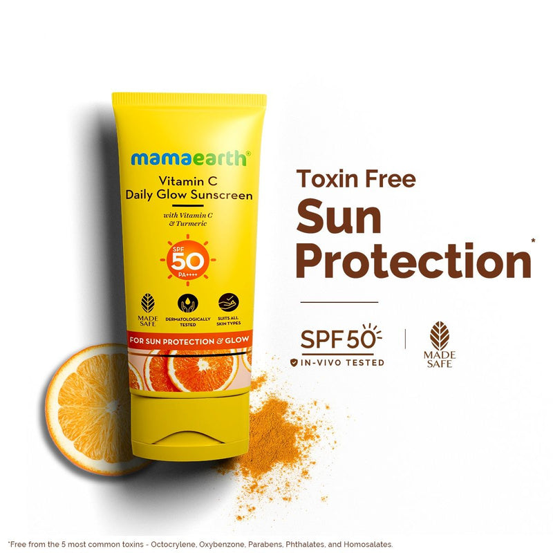 Mamaearth Vitamin C Daily Glow Sunscreen SPF 50 PA++++ – In-Vivo Tested (ISO 24444:2019 Certified, CTRI/2025/05/087276) - 50g