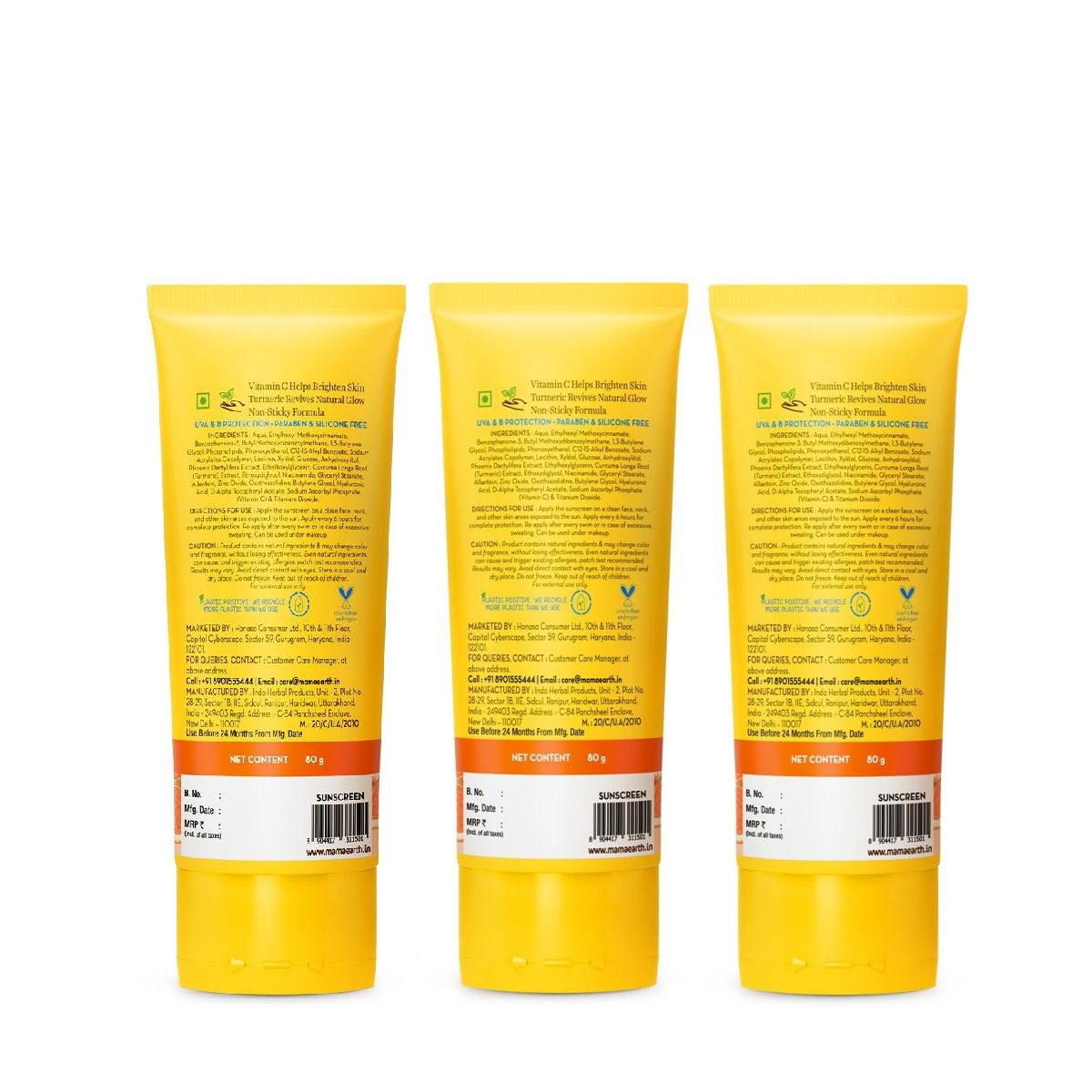 Mamaearth Vitamin C Daily Glow Sunscreen SPF 50 PA++++ – In-Vivo Tested (ISO 24444:2019 Certified, CTRI/2025/05/087276) - 80 g (Pack of 3)