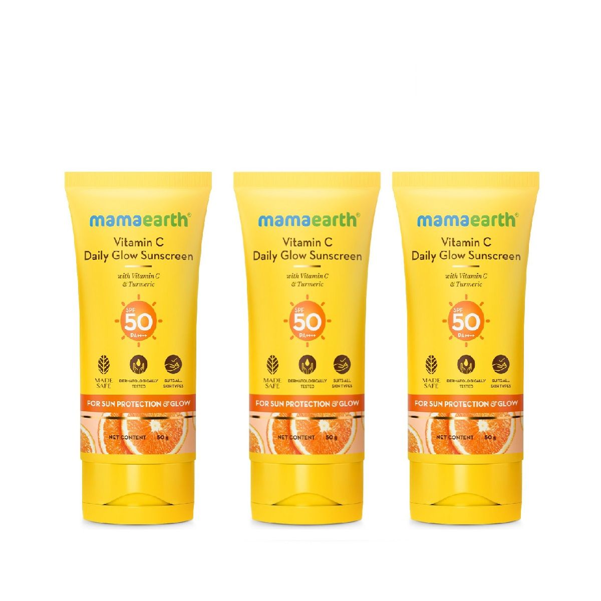 Mamaearth Vitamin C Daily Glow Sunscreen SPF 50 PA++++ – In-Vivo Tested (ISO 24444:2019 Certified, CTRI/2025/05/087276) - 50 g - Pack of 3